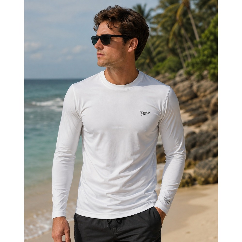Speedo Rash Guard Mens Medium White UV Protection Swim Surf